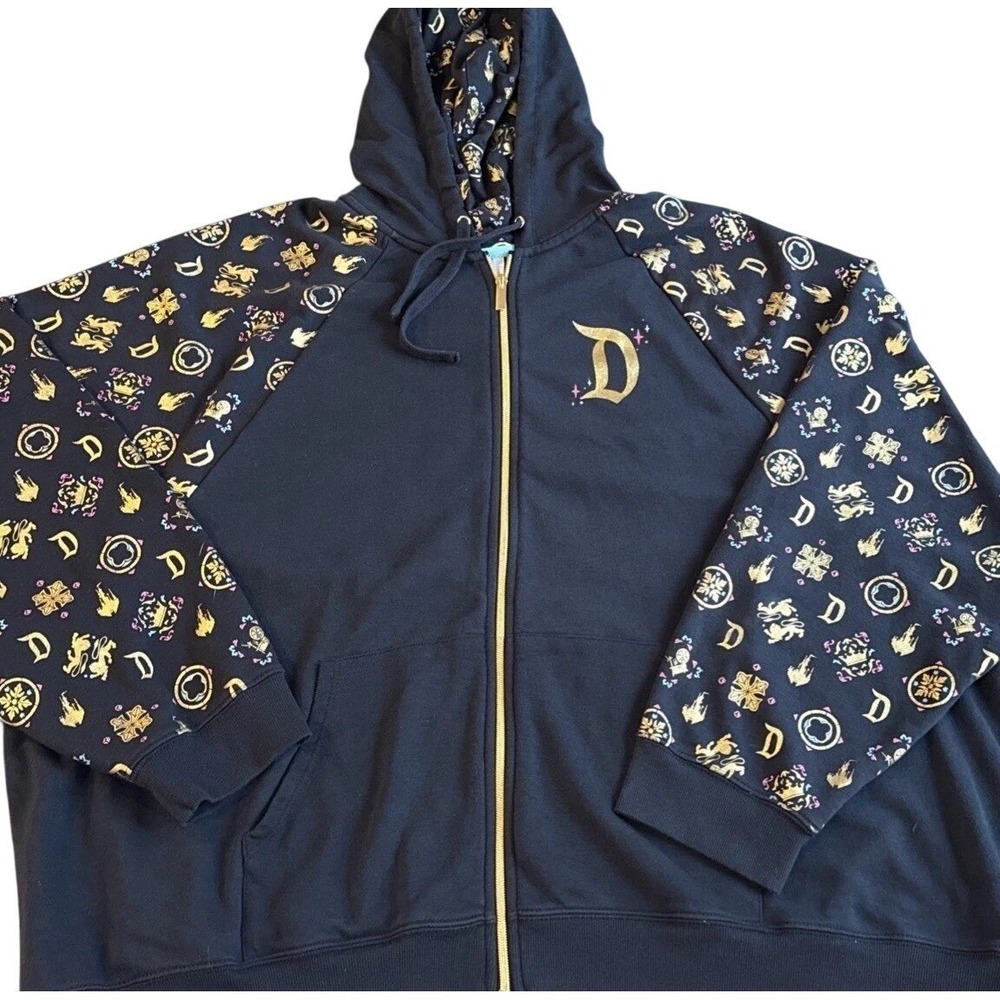 Disney Parks Disneyland Zip Hoodie 2XL Black Gold Foil Castle Vacation Cozy - Picture 3 of 16